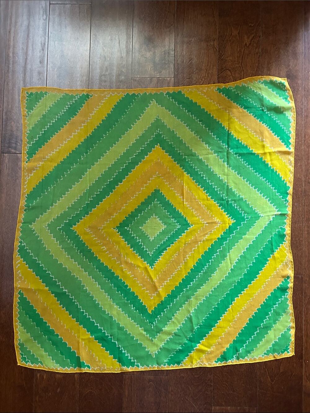 Vintage Silky Lightweight Green and Yellow Geometric Scarf